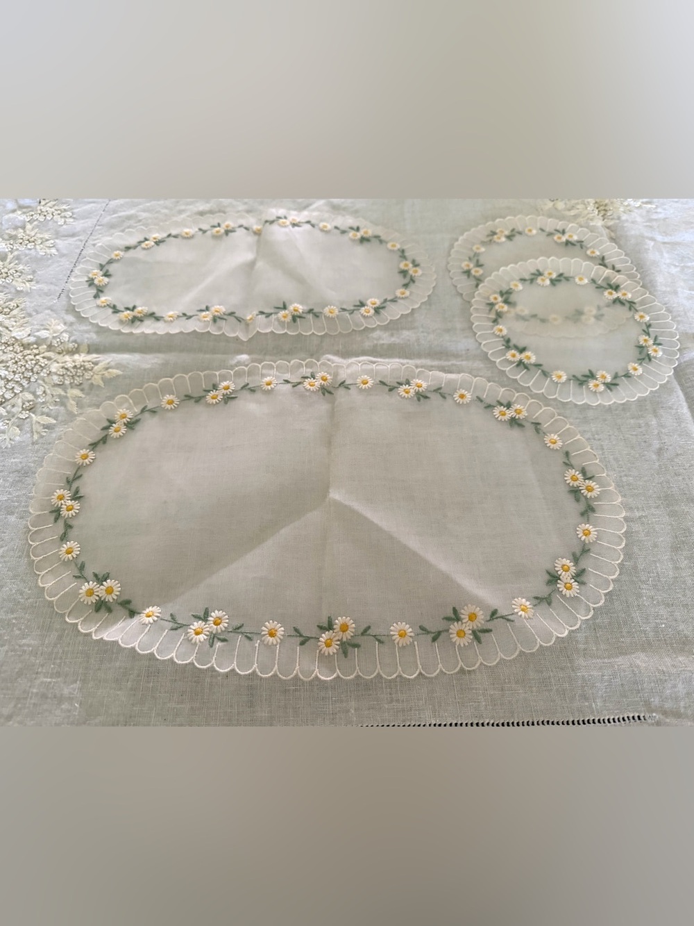 Four Piece Vintage Swiss Embroidered Vanity or Dresser Scarf Set - New Old Stock